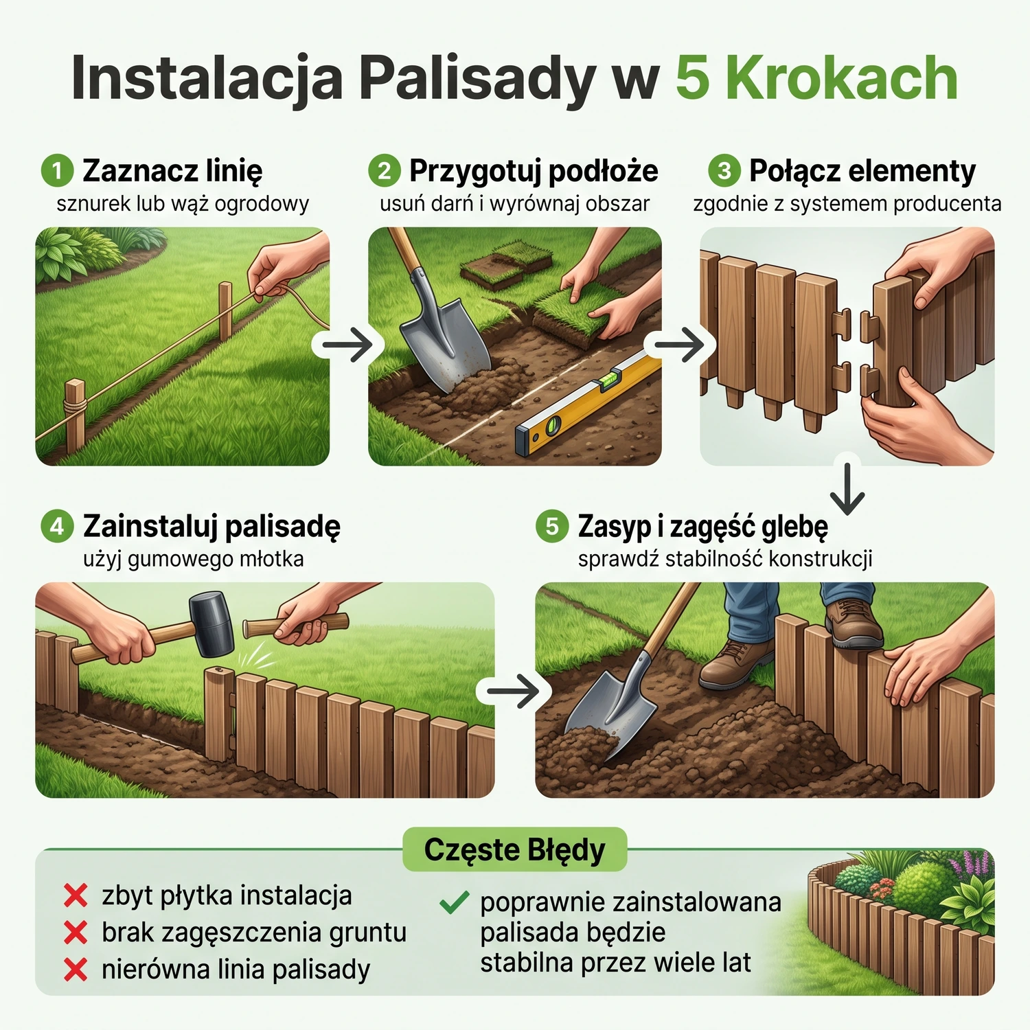 Narzędzia do montażu palisady: łopata, gumowy młotek i poziomica na trawie